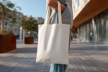 Realistic tote bag mockup carried by model outdoors for branding lifestyle photography styleimg