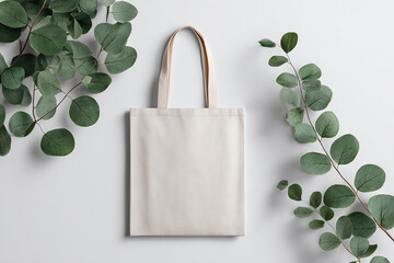 Realistic tote bag mockup flat lay on white background for branding and print design presentation
