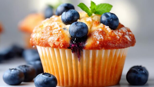Sweet Blueberry Muffin Delight: A close-up shot of a delectable blueberry muffin, topped with plump, juicy blueberries and a sprig of fresh mint. Capturing the essence of homemade baked goodness.