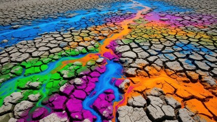 Obraz premium A surreal landscape of cracked earth, dramatically transformed into a vibrant tapestry of colors, conveying a powerful message about environmental change, visual art and creative expression.