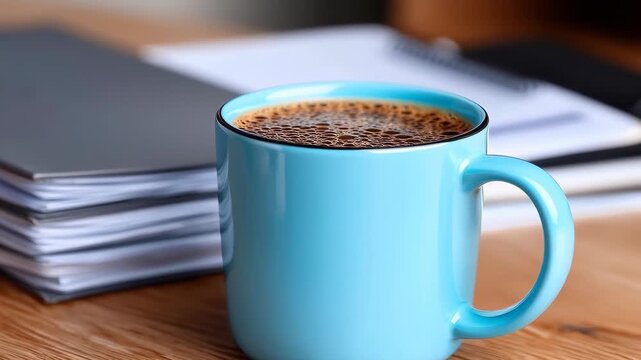 Morning Brew: A serene moment captured with a steaming cup of coffee, perfectly positioned next to a stack of important documents, embodying productivity and calm.