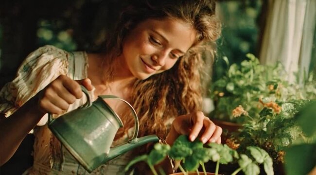 Mulher Regando Plantas Internas Representando Cuidado, Bem-Estar, Sustentabilidade e Conex&atilde;o com a Natureza