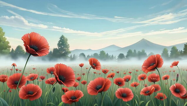 4K animated footage of red poppy field emerging from morning mist rendered anime illustration style creating dreamy colorful artistic floral scene creative animation stock 