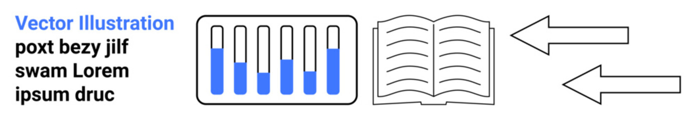 Fototapeta premium Test tubes with blue liquid, an open book, and arrows symbolize research, knowledge distribution. Ideal for education, science, laboratory work, publishing, innovation study guides simple landing