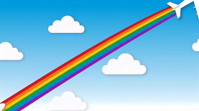 Minimalist Airplane Flying with Rainbow Contrail in Blue Sky Video
