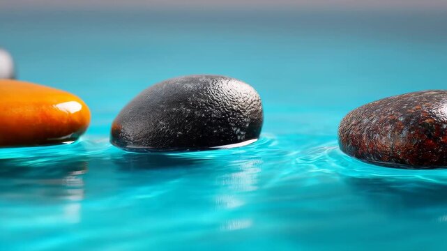 Tranquil Pebbles on Water: A serene scene unfolds, showcasing smooth, colorful pebbles gently floating on the calm surface of the water, inviting reflection and relaxation.