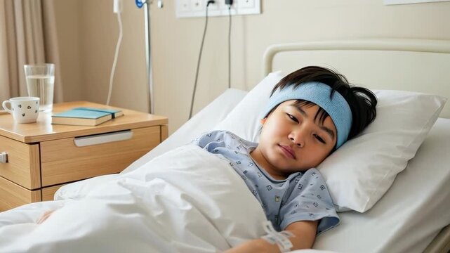 A Patient's Quiet Reflection: A young patient rests in a hospital bed, a picture of quiet contemplation amid the hum of medical care.