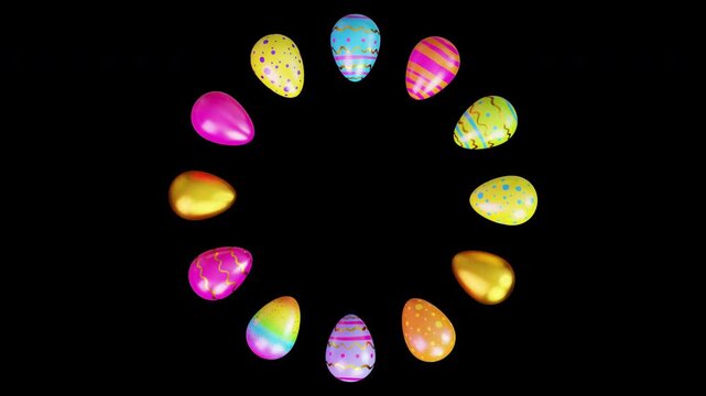 Looped animation of colorful Easter eggs arranged in a rotating circle with transparent background.Easy to overlay on any background, ideal for Easter titles, holiday videos, greeting animations.