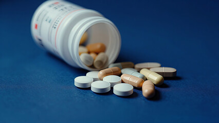 Medication Pills Spilled from Bottle on Blue Background