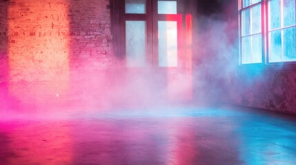 Obraz premium Light and fog fill an empty room with colored reflections on the floor