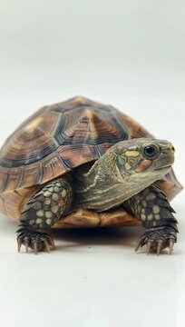 Cinematic 4K footage of common box turtle looking at the camera before glancing into the distance isolated on white background highlighting shell texture movement natural behavior wildlife 