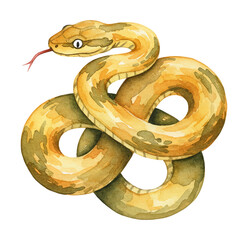 Fototapeta premium Watercolor Illustration of a Coiled Yellow Snake with Red Flicking Tongue and Alert Expression on White Background