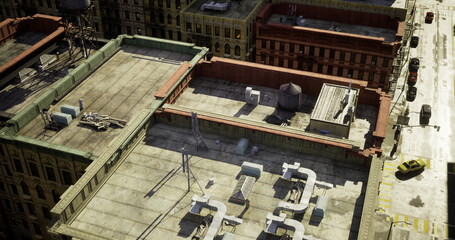 Fototapeta premium aerial rooftop with machinery and vents, sunlit concrete surface dotted with hvac units, gravel patches and service ladder, parapet edge casting long shadows,
