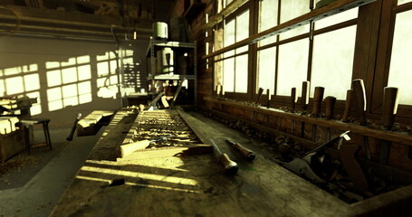 Fototapeta premium sunlit abandoned workshop interior with workbench, long wooden bench scattered with hand tools and metal parts, vintage lathe at far end, shafts of warm light