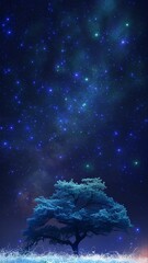 Magical night sky with milky way galaxy and lone tree silhouette. Fantasy cosmic landscape with shining stars and majestic tree in the field.