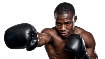 A black man wearing boxing gloves and striking a fighting pose.