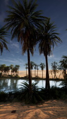 Fototapeta premium lakeside palms framing reflective lagoon scene, glassy water mirrors sky and palms small boat or fisher imagined nearby creating gentle ripples