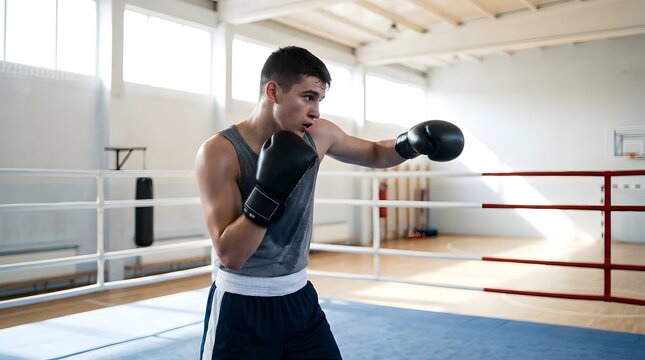 Young male boxer practicing shadowboxing in a bright modern boxing ring, athletic man training alone in gym