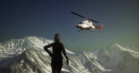 Rescue worker watches helicopter over snowy peaks, silhouetted on ridge, rotor wash kicking snow, radio in hand, expedition clothing, steep slopes, distant © icetray