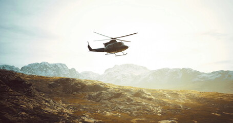 Sunrise helicopter search over canyon with silhouette of rescue aircraft flying low above rocky terrain, distant mountain ridgelines, warm backlight creating © icetray