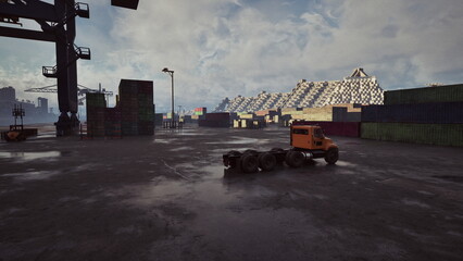 wet port terminal under overcast sky, reflective puddles mirror crane and tractor cab, muddy asphalt and scattered containers, gritty active loading zone © icetray