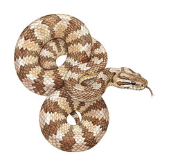 Fototapeta premium Detailed Viper Snake with Brown and Beige Diamond Pattern Coiled Body Head Extended Tongue Out