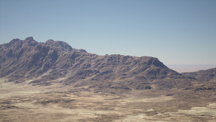 Fototapeta premium Arid mountain ridge under pale sky, warm sunlight sweeping over stony basin and weathered slopes, minimal vegetation, textured rock formations, wide panoramic