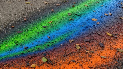 Naklejka premium An abstract artistic depiction of an oil slick glistens across a textured surface, showcasing an array of vibrant colors.