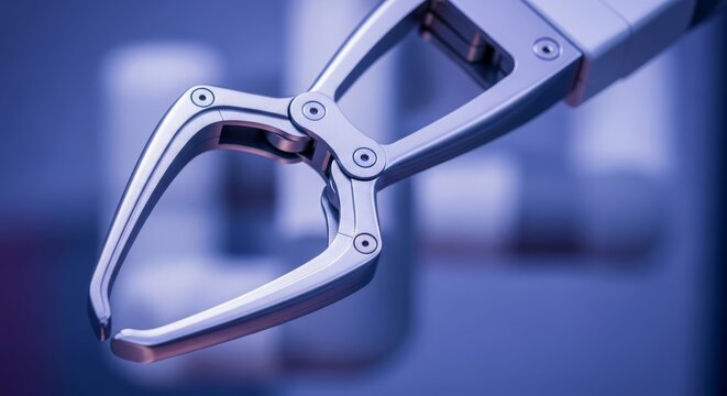 Extreme close-up shot showing the curved metal grasper mechanism on a high-tech surgical robot arm, emphasizing precision and medical automation, advanced, future, innovation