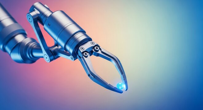 Extreme close-up shot showing the curved metal grasper mechanism on a high-tech surgical robot arm, emphasizing precision and medical automation, modern, equipment, future