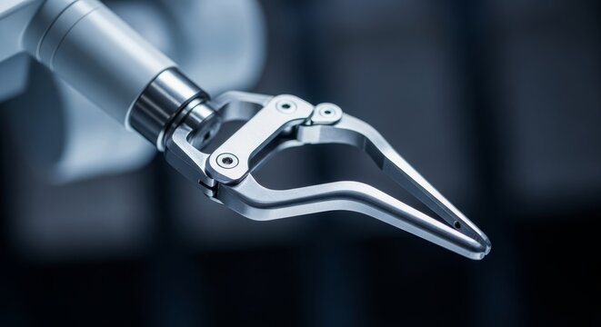 Extreme close-up shot showing the curved metal grasper mechanism on a high-tech surgical robot arm, emphasizing precision and medical automation, stainless steel, surgical, instrument