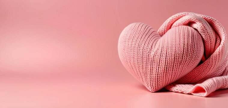 pink knitted heart on soft background banner concept of greeting cards, fashion, romance