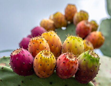 Close-up of colorful prickly pear cactus fruits (tunas) in various stages of ripeness attached to flat cactus pads. The image highlights botanical diversity,  and agricultural or culinary relevance.