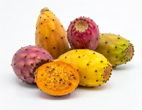 Close-up of vibrant prickly pear fruits (tunas). The composition emphasizes botanical diversity, natural color, and the culinary or medicinal value of these desert fruits.