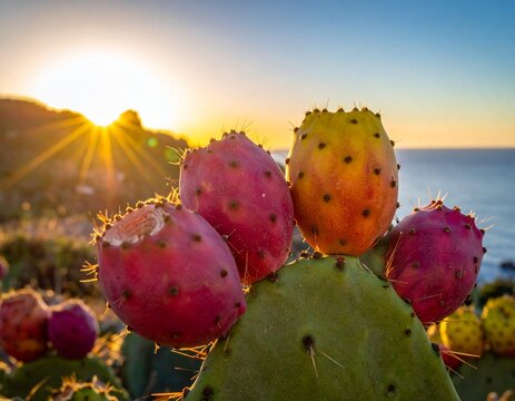 Close-up of colorful prickly pear cactus fruits (tunas) in various stages of ripeness attached to flat cactus pads. The image highlights botanical diversity,  and agricultural or culinary relevance.