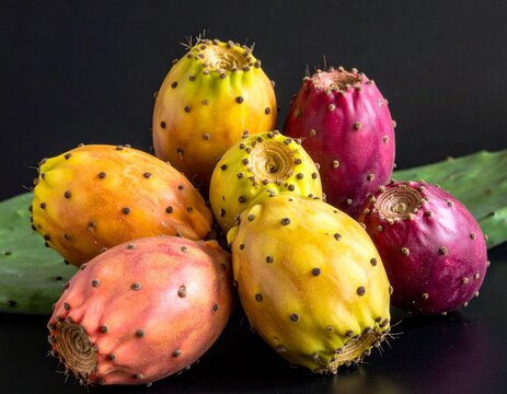 Close-up of vibrant prickly pear fruits (tunas). The composition emphasizes botanical diversity, natural color, and the culinary or medicinal value of these desert fruits.