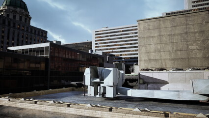 Industrial rooftop HVAC units, cloudy skyline, metal ducts and compressors on gravel roof, long shadows and muted tones, distant office towers and concrete © icetray
