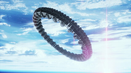 orbital ring colony hovers above Earth, serene blue atmosphere, modular habitats, sunlight glinting...