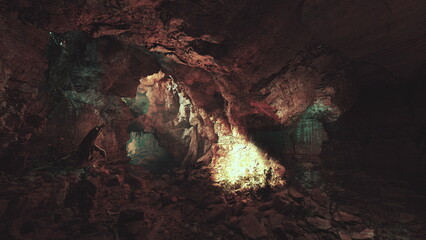 mossy cavern interior with glowing light patch and damp rock textures, shallow pool reflecting green tints, stalactite hints, cool humid atmosphere evoking