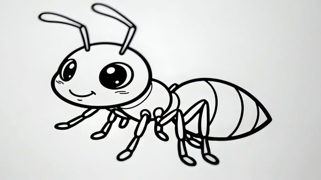 Close-up motion video footage of a cute cartoon ant with crisp, clear outlines on plain paper