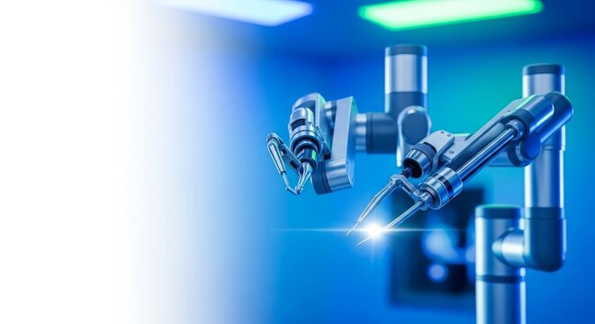 Precision robotic surgery utilizing specialized automated instruments and sophisticated technology in a sterile, futuristic healthcare facility, development, diagnostic, microscopic