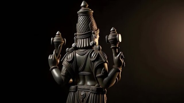 Fine-art cinematic video of a statue inspired by Lord Venkateshwara, illuminated with dramatic side lighting to emphasize texture, form, and spiritual symbolism