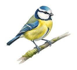 Obraz premium Vibrant blue tit bird perched on a mossy branch with its distinctive blue yellow and white feathers looking calm and observant in a watercolor painting