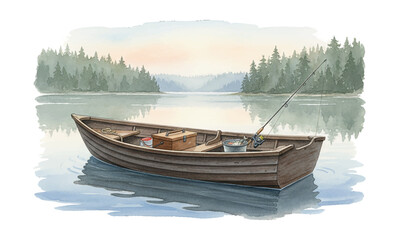 Peaceful lake scene with a wooden fishing boat ready for angling among calm waters and lush pine forest
