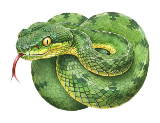 Fototapeta premium Vibrant Green Snake Coiled with Yellow Eyes and Red Forked Tongue Watercolor Illustration