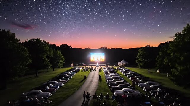 Outdoor Drive-In Movie Theater Setting During Sunset with Rows of Cars and Large Screen
