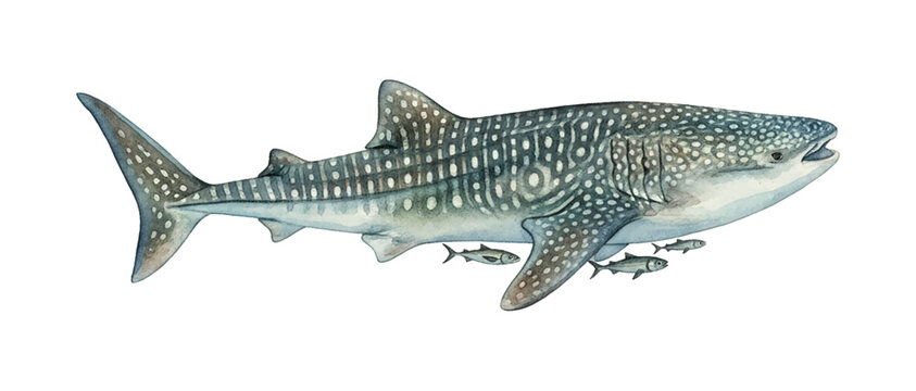 Large Whale Shark Swimming Gracefully with Small Pilot Fish Detailed Watercolor Illustration on White Background