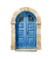 Obraz premium Blue Arched Wooden Door with Stone Frame and Decorative Metal Grilles Watercolor Illustration