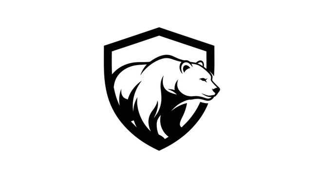 Black and white bear emblem design on a white background