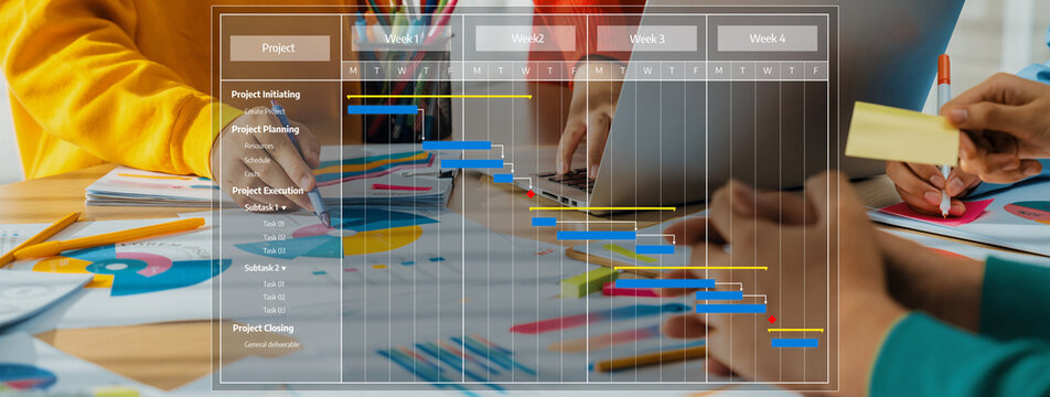 Engaging image of a team collaborating on project management, showcasing a Gantt chart and colorful planning visuals in a modern office environment. Amity